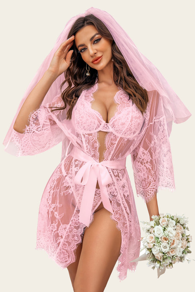Pink lace bridal lingerie set with kimono robe, veil and bouquet. Elegant Avidlove design for brides