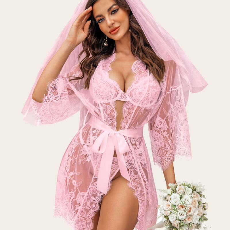Pink lace bridal lingerie set with kimono robe, veil and bouquet. Elegant Avidlove design for brides