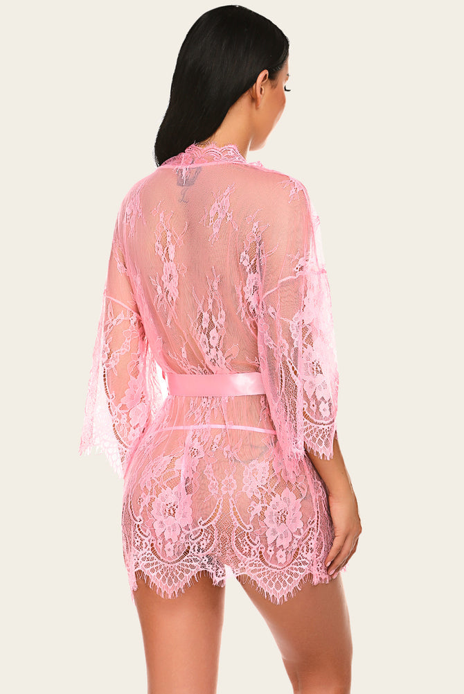 Pink lace kimono robe with butterfly sleeves and satin belt. Sheer, elegant lingerie from Avidlove.