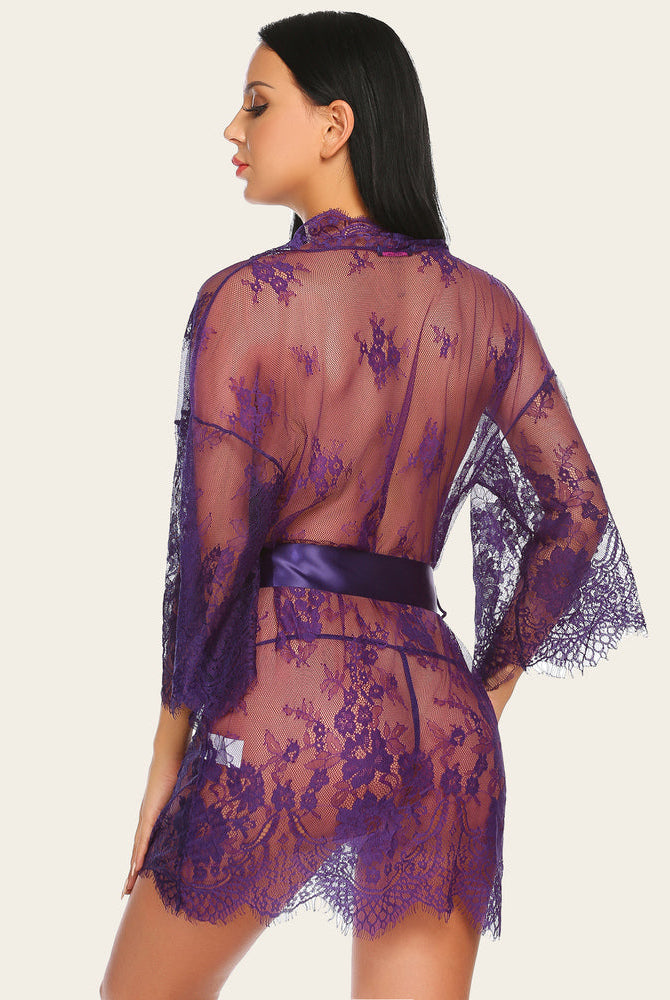 Purple lace mesh kimono robe with butterfly sleeves and satin belt. Sheer, elegant lingerie.