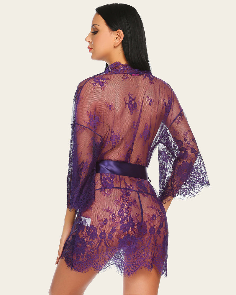 Purple lace mesh kimono robe with butterfly sleeves and satin belt. Sheer, elegant lingerie.