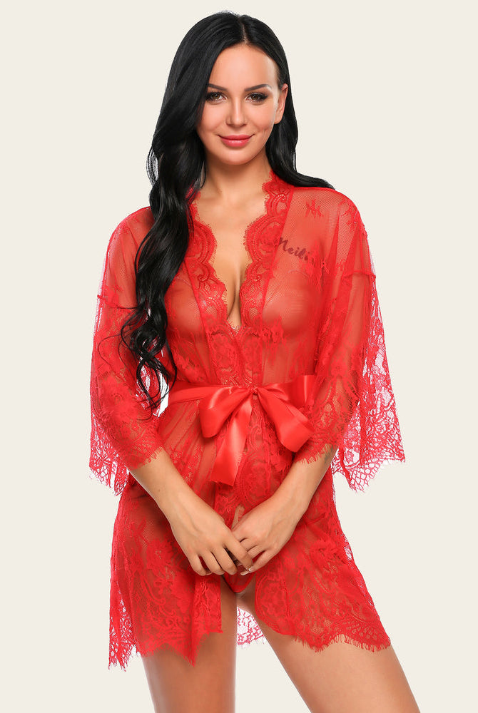 Red lace kimono robe with butterfly sleeves, satin tie, Avidlove lingerie set
