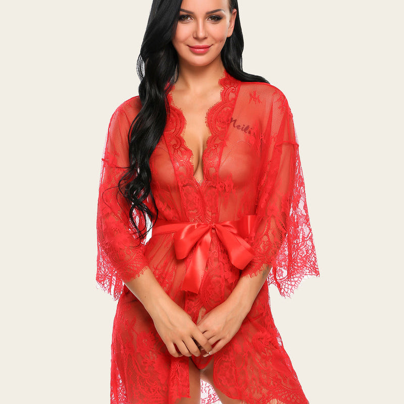 Red lace kimono robe with butterfly sleeves, satin tie, Avidlove lingerie set