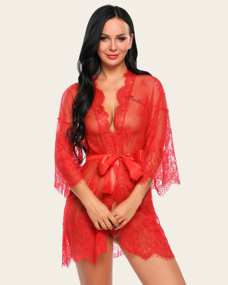 Red lace kimono robe with butterfly sleeves, satin tie, Avidlove lingerie set