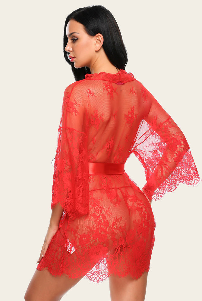 Red lace kimono robe with butterfly sleeves, satin belt, elegant lingerie for women