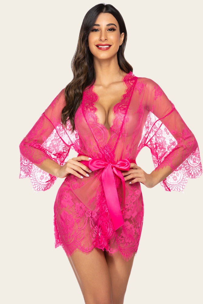 Hot pink lace mesh kimono robe with butterfly sleeves and satin tie, elegant lingerie for women