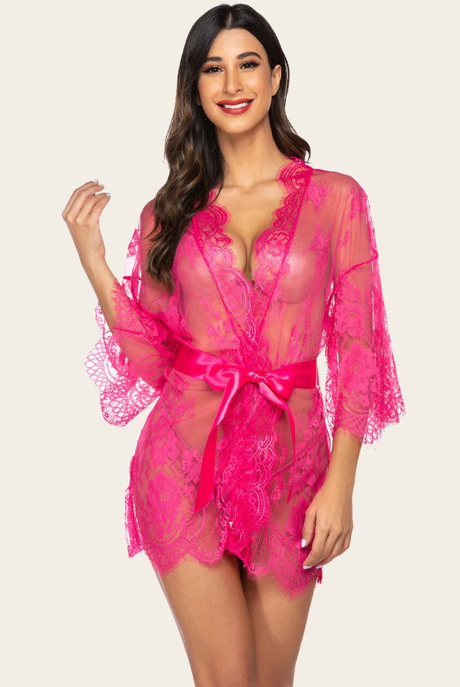 Hot pink lace kimono robe with butterfly sleeves, satin tie and g-string, elegant lingerie set