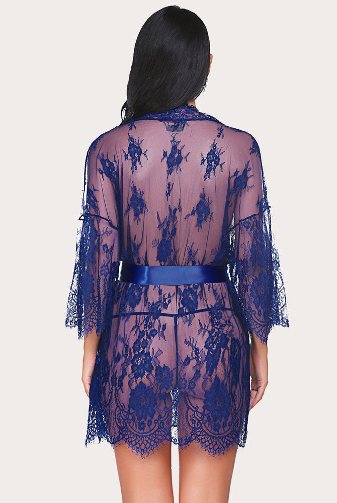 Navy blue lace kimono robe, sheer design with butterfly sleeves and satin belt.