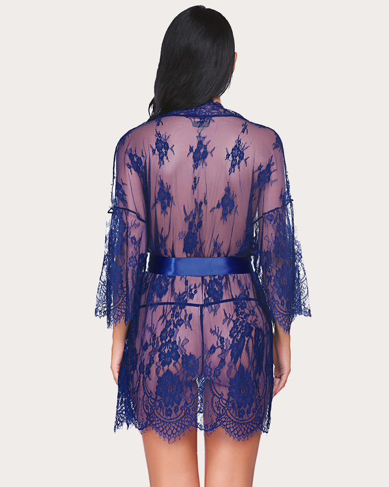Navy blue lace kimono robe, sheer design with butterfly sleeves and satin belt.