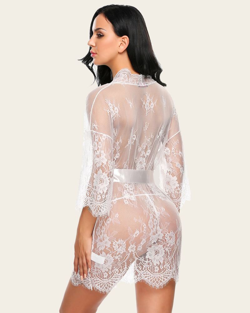 White sheer lace kimono robe with butterfly sleeves and satin belt. Elegant lingerie cover-up