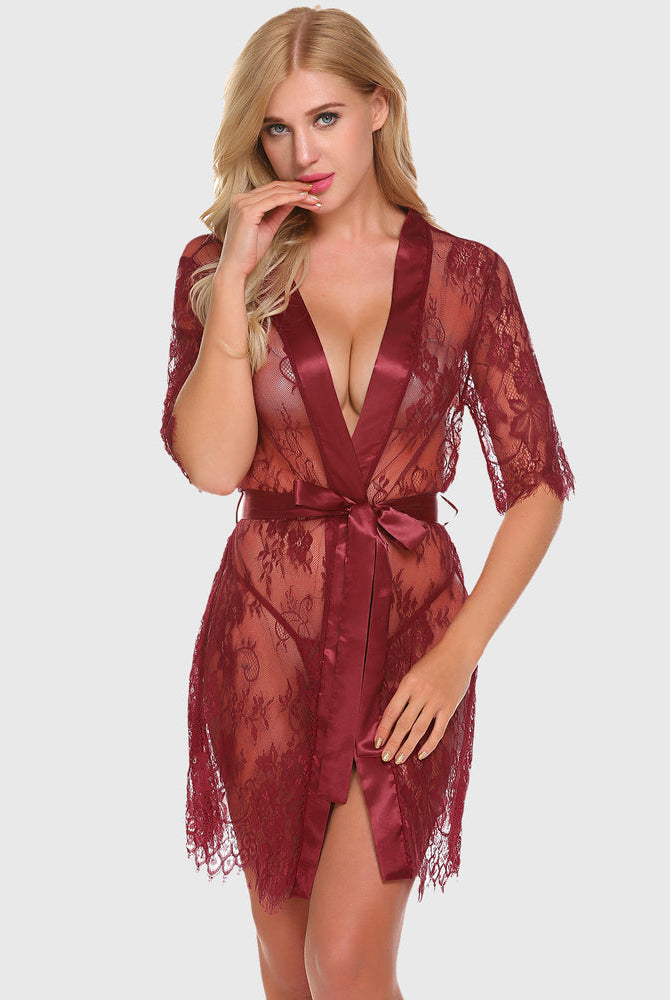 Burgundy floral lace kimono robe lingerie with satin belt, a sexy and elegant sleepwear option.