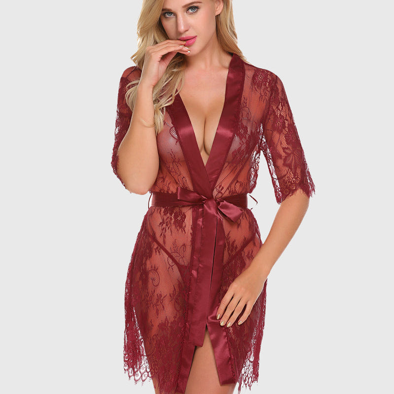 Burgundy floral lace kimono robe lingerie with satin belt, a sexy and elegant sleepwear option.