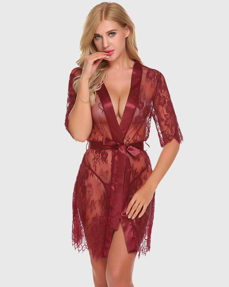 Burgundy floral lace kimono robe lingerie with satin belt, a sexy and elegant sleepwear option.