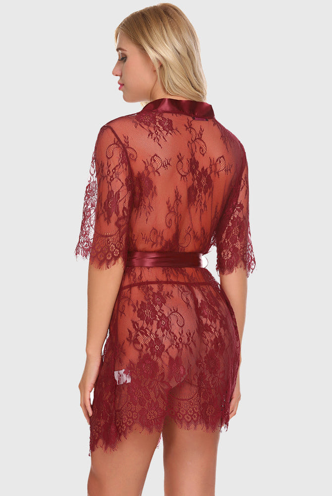 Burgundy floral lace kimono robe lingerie. Sexy sheer sleepwear with satin belt and delicate lace.