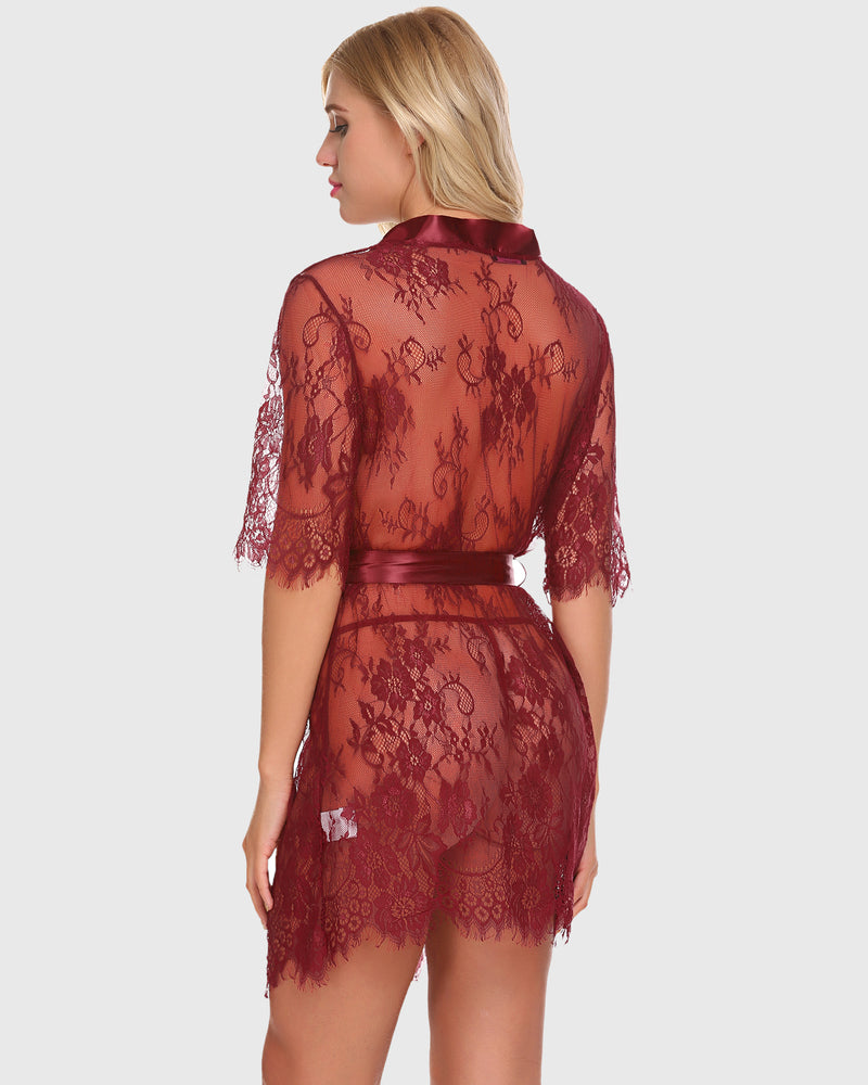 Burgundy floral lace kimono robe lingerie. Sexy sheer sleepwear with satin belt and delicate lace.