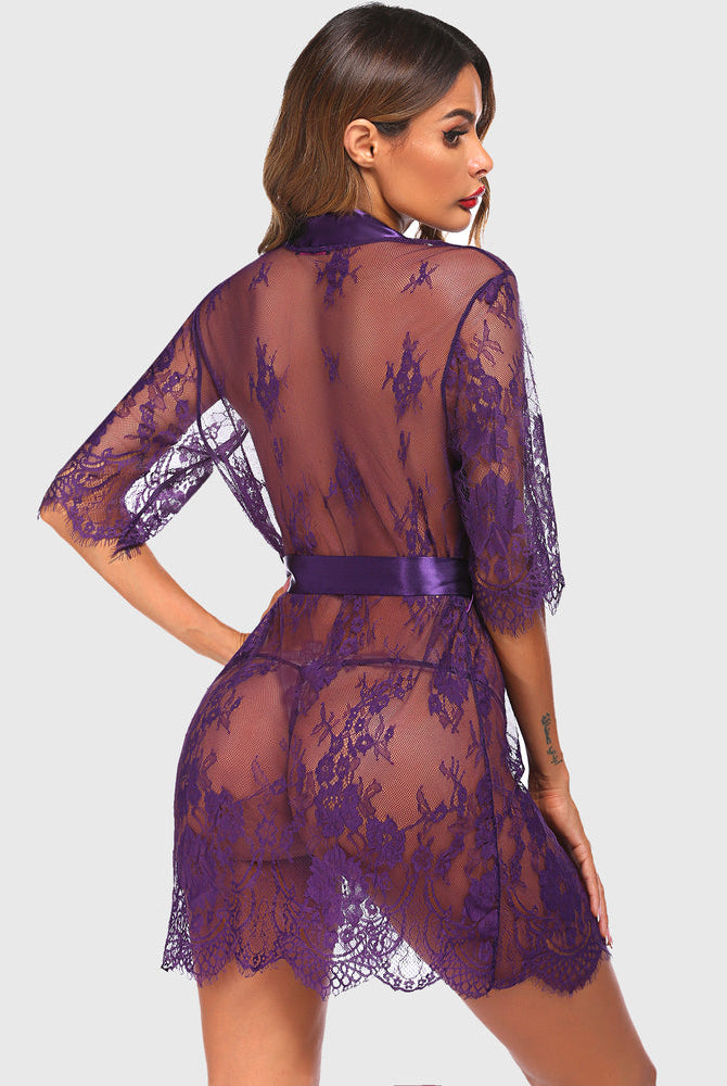 Purple floral lace kimono robe lingerie with satin belt, perfect for sleepwear and special nights