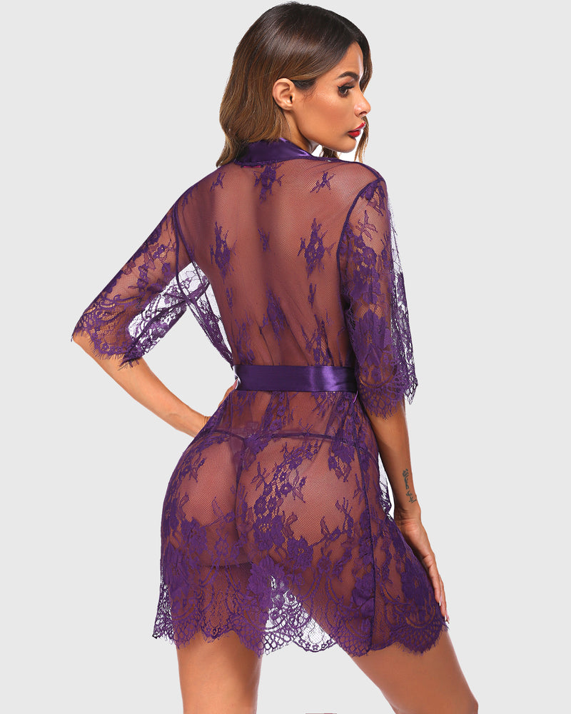 Purple floral lace kimono robe lingerie with satin belt, perfect for sleepwear and special nights