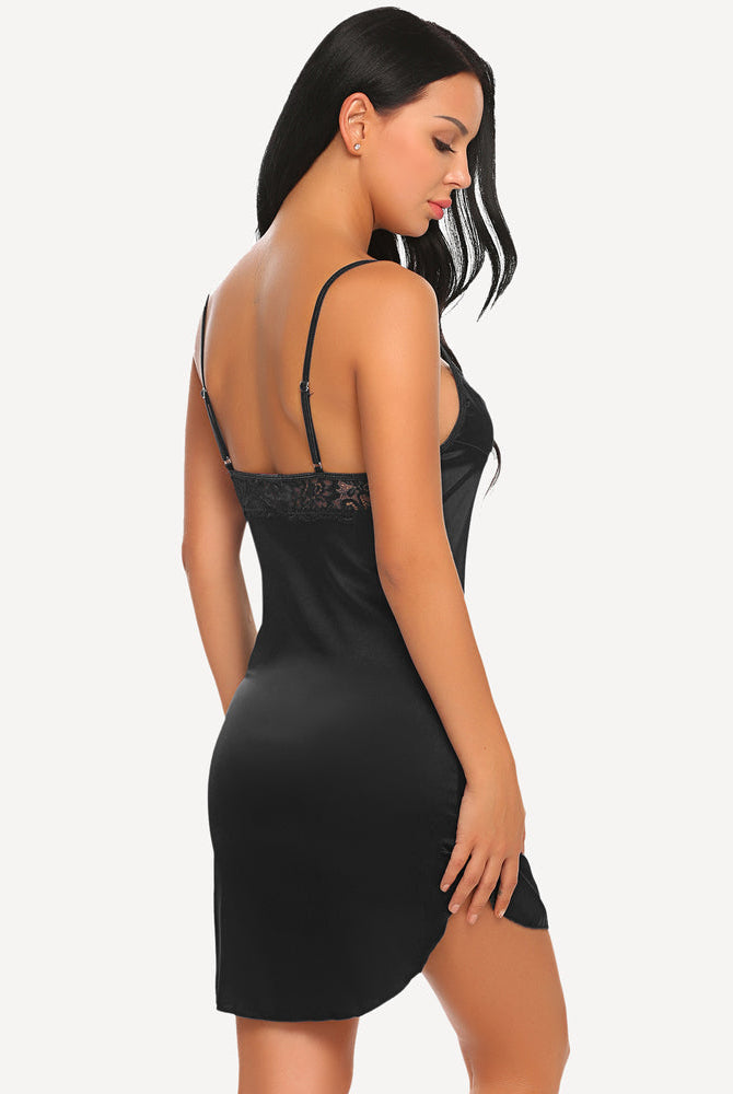 Black satin mini slip sleepdress with lace trim. Elegant Avidlove sleepwear for women.