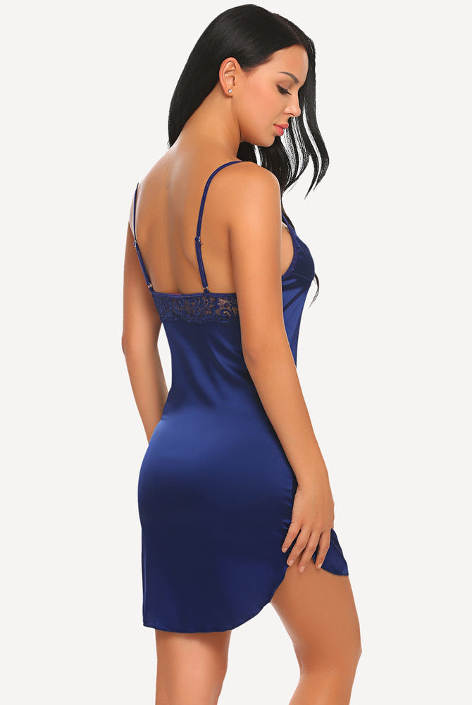 Navy blue satin mini slip dress with lace trim, sexy sleepwear with adjustable straps. Avidlove.