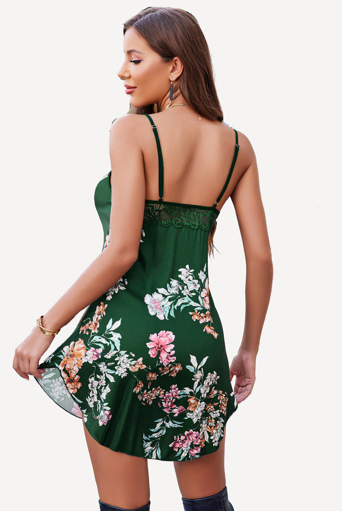 Green floral satin mini slip sleepdress with lace trim. Elegant Avidlove sleepwear for women.