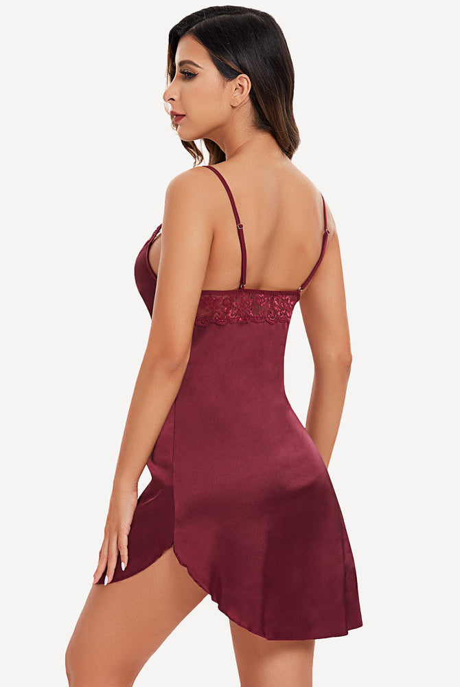 Burgundy satin mini slip dress with lace detail, adjustable straps. Sexy sleepwear from Avidlove.