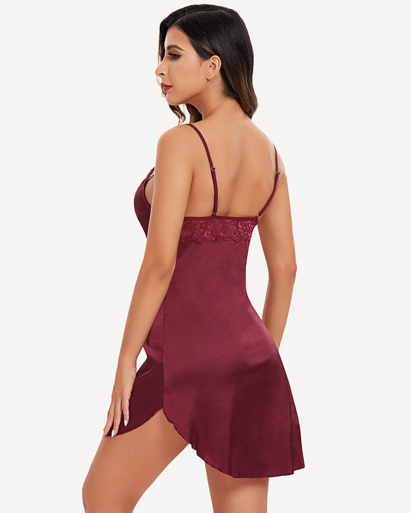 Burgundy satin mini slip dress with lace detail, adjustable straps. Sexy sleepwear from Avidlove.