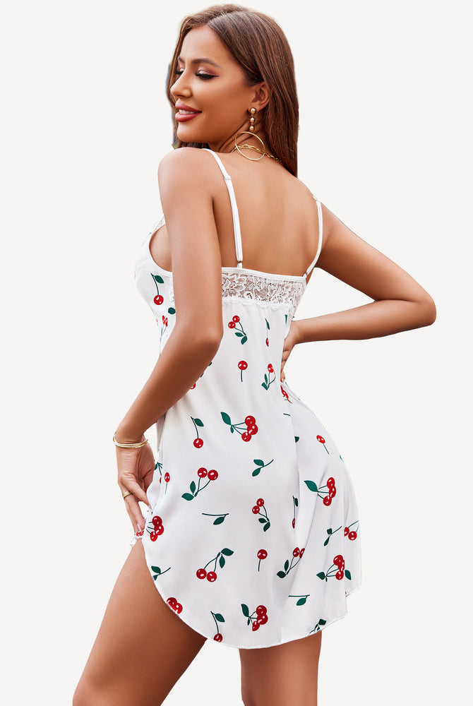 White cherry print satin slip dress with lace detail, adjustable straps. Sexy sleepwear. Avidlove.