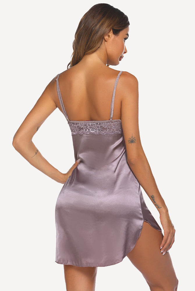 Lavender satin slip dress with lace trim. Elegant sleepwear. Adjustable straps. Sexy lingerie.
