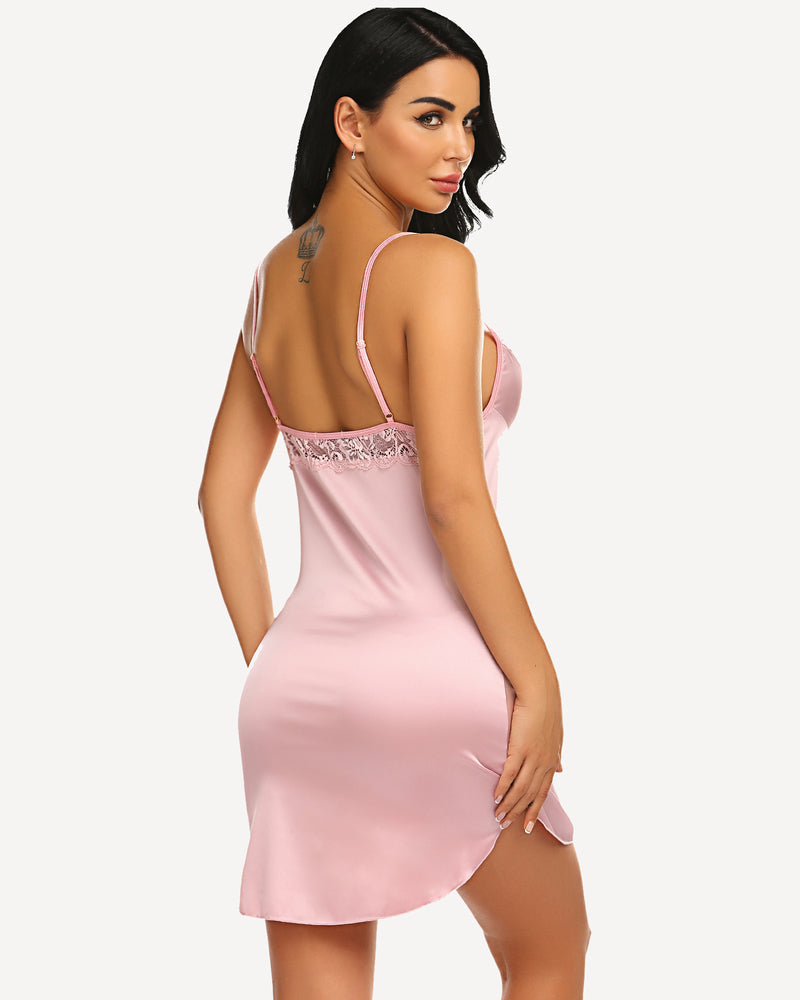 Pink satin mini slip dress with lace trim, adjustable straps. Sexy sleepwear from Avidlove.