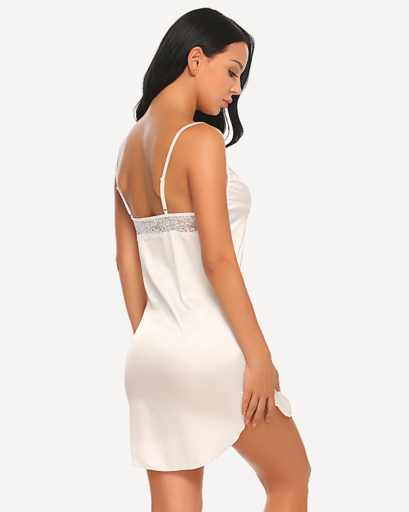 White satin mini slip sleepdress with lace neckline, perfect for a comfortable and sexy night.