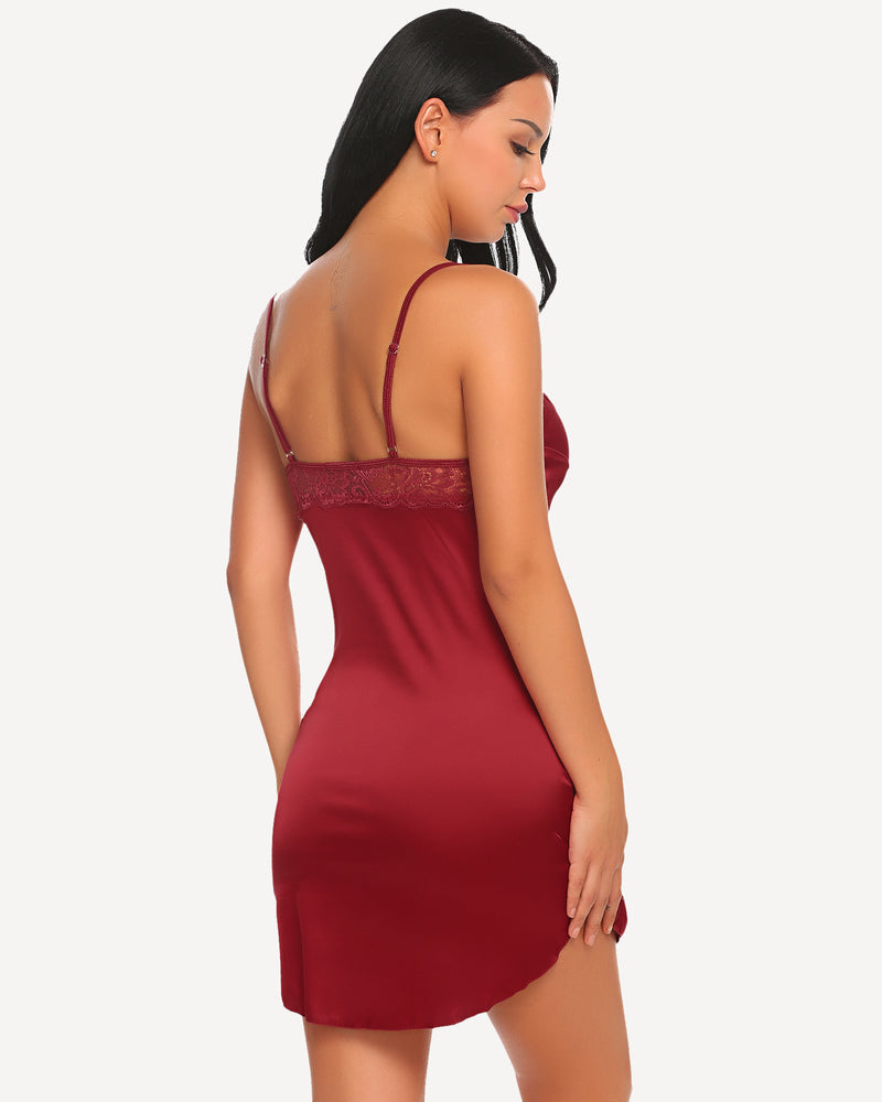 Burgundy satin mini slip dress with lace detail and adjustable straps. Sexy sleepwear from Avidlove.