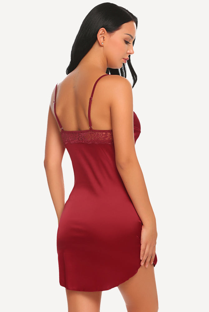 Burgundy satin mini slip sleepdress with lace trim, Avidlove lingerie. Elegant sleepwear.