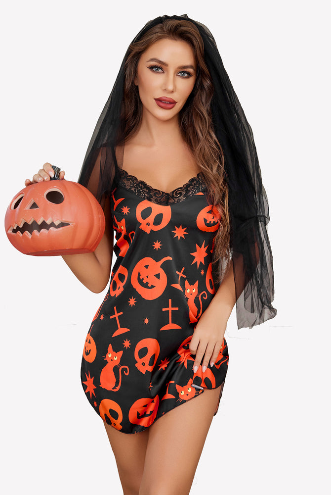 Black Halloween satin slip dress, pumpkin and cat print, lace trim. Sexy sleepwear.