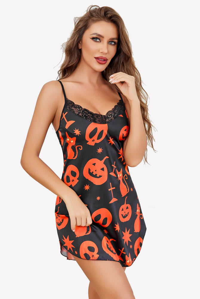 Black Halloween mini slip dress with orange pumpkin and cat print, lace trim. Sexy sleepwear.