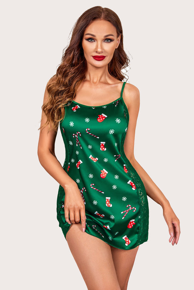 Green satin chemise nightdress with Christmas print and lace side detail