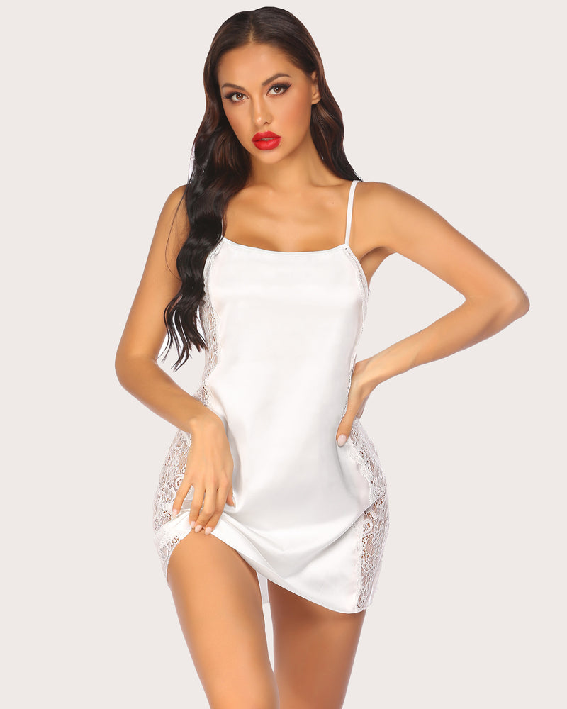 White satin chemise nightdress with lace side, silk lingerie for women, adjustable straps