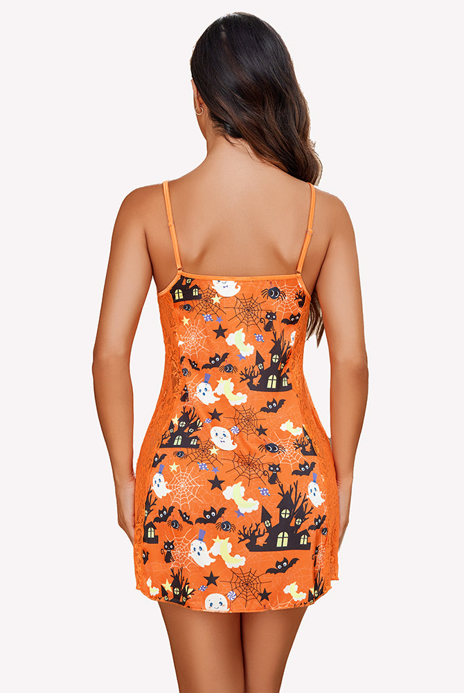 Orange Halloween chemise slip dress with lace detail and spooky pattern, adjustable straps