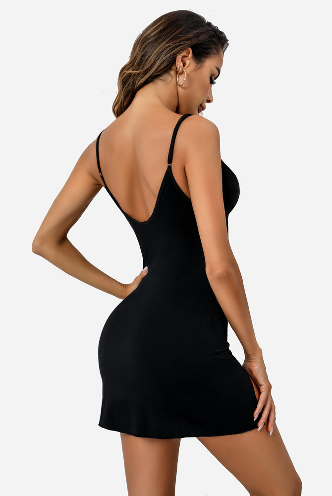 Black V-neck slip chemise nightgown by Avidlove with spaghetti straps and mini slit; sexy lingerie