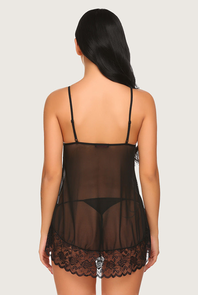 Avidlove black lace chemise nightie with adjustable straps and floral lace hem. Sexy lingerie.