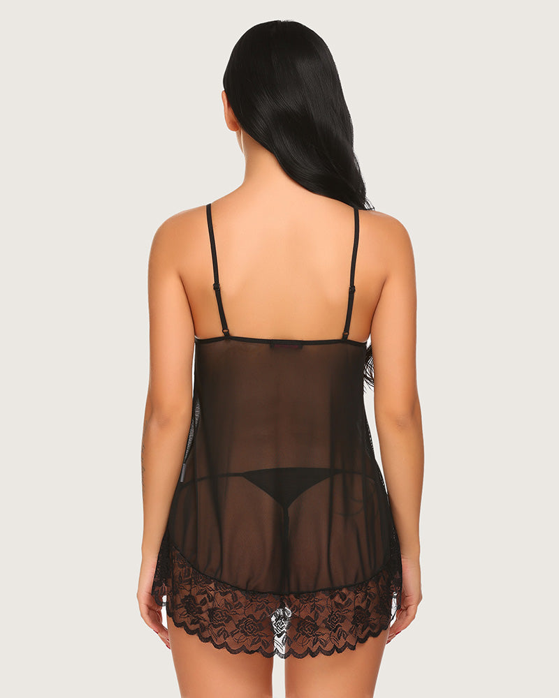 Avidlove black lace chemise nightie with adjustable straps and floral lace hem. Sexy lingerie.