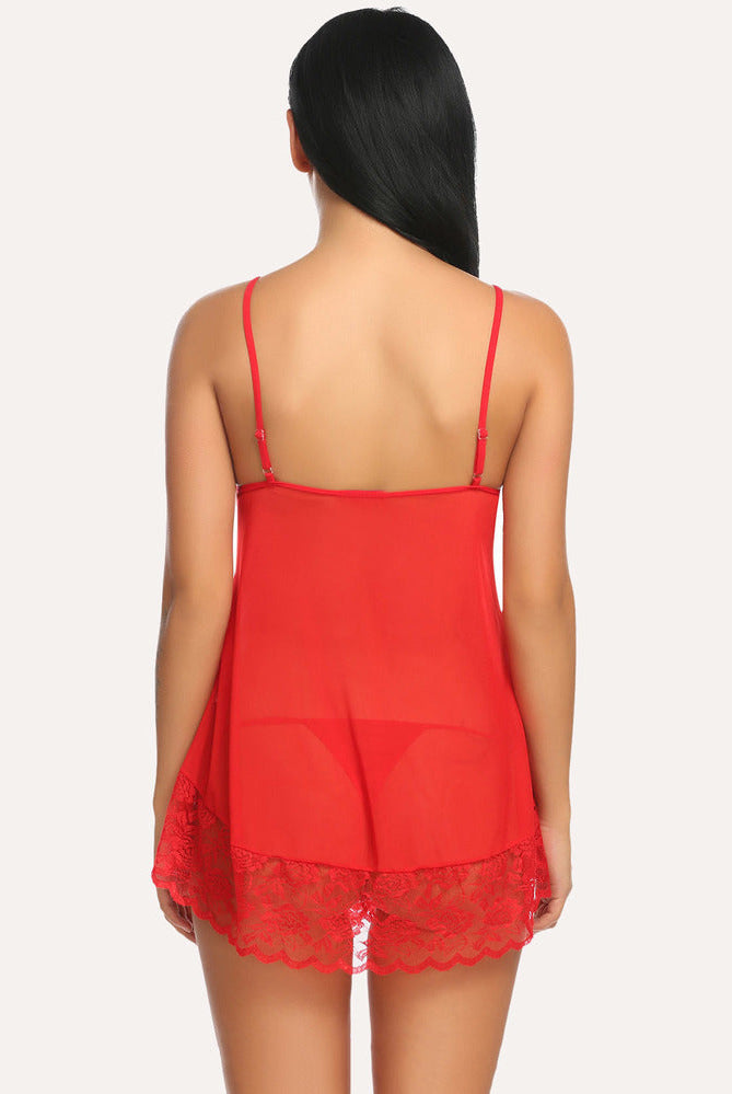 Red Avidlove mini chemise nightie with spaghetti straps and floral hem; sexy lingerie set.
