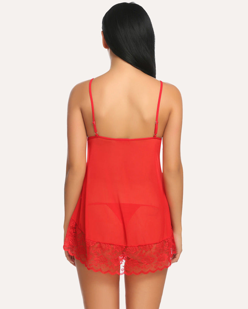 Red Avidlove mini chemise nightie with spaghetti straps and floral hem; sexy lingerie set.