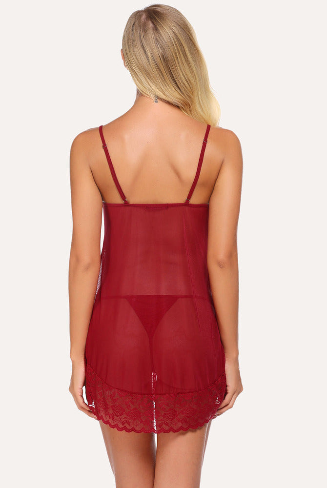 Red Avidlove mini chemise nightie with lace trim, adjustable straps, and floral hem. Sexy lingerie.