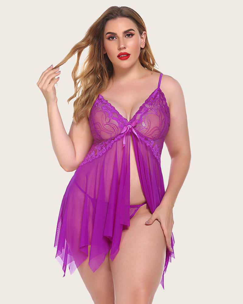 Plus size purple babydoll lingerie with lace, adjustable straps, and flowing mesh. Sexy and elegant.