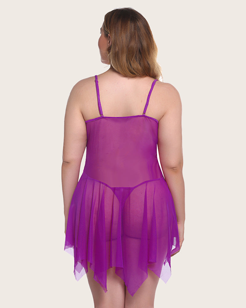 Purple plus size babydoll lingerie set with adjustable straps and asymmetrical hem