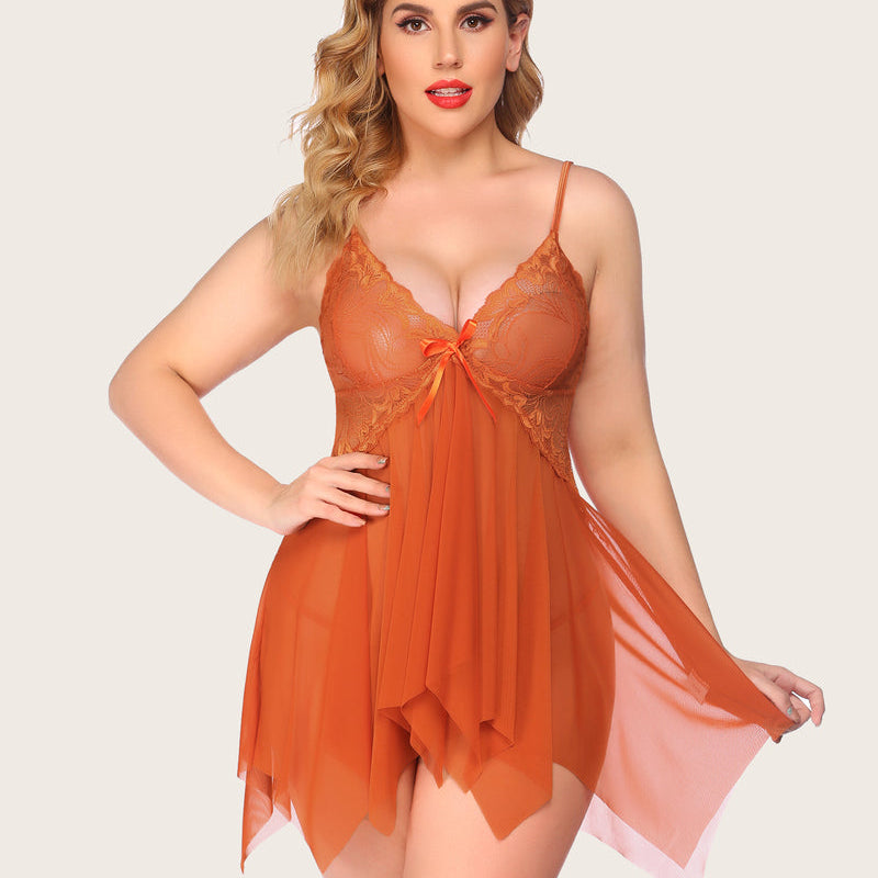 Plus Size Burnt Orange Lace Babydoll Lingerie with Adjustable Straps and Maternity Wear Design