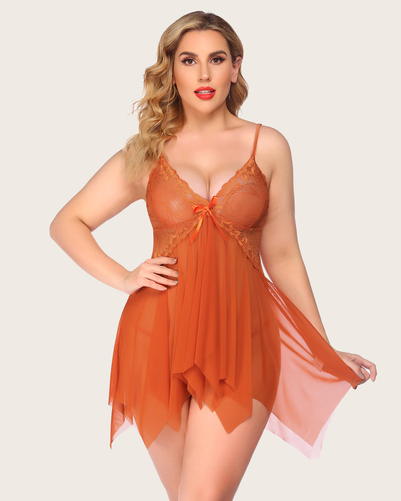 Plus Size Burnt Orange Lace Babydoll Lingerie with Adjustable Straps and Maternity Wear Design