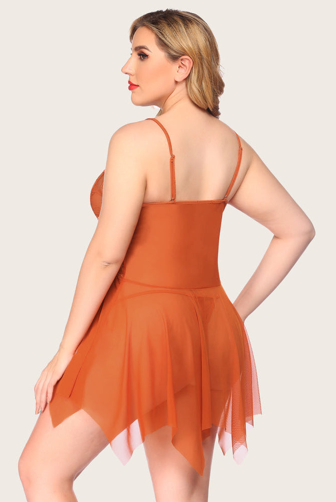 Burnt Orange Lace Babydoll Lingerie Plus Size with Adjustable Straps