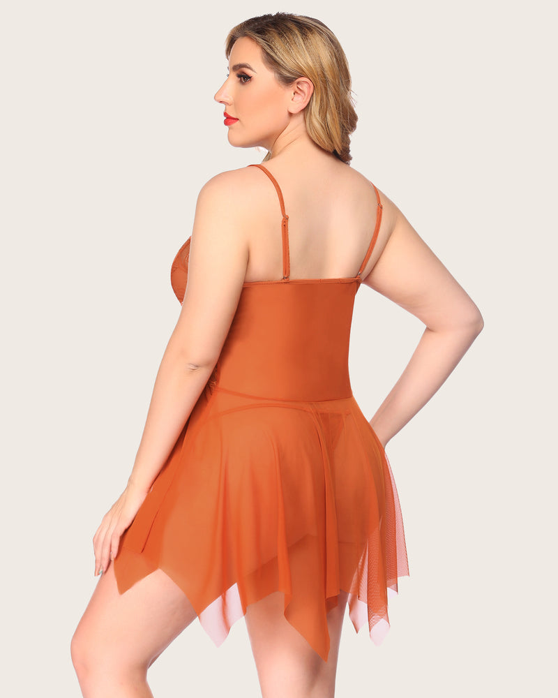 Burnt Orange Lace Babydoll Lingerie Plus Size with Adjustable Straps