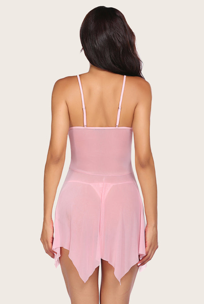 Pale pink babydoll lingerie set with adjustable straps, sheer mesh, and maternity wear design